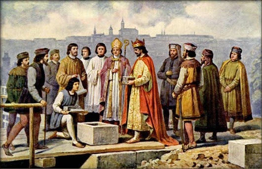Josef Mathauser Karel IV. pokládá zákadní kámen k novému mostu